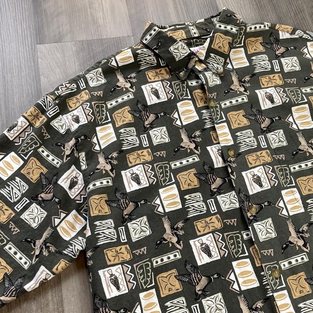 Vintage Summa 90s Y2k Cabincore Flying Duck Print Linen Blnd Short Sleeve shirt